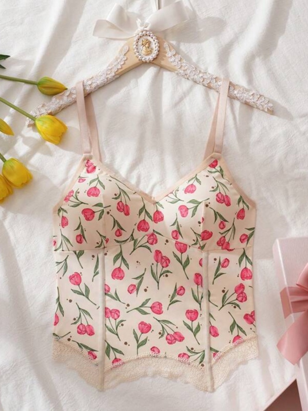 Floral Lace-Trimmed Bustier Camisole - Pink Tulip Print